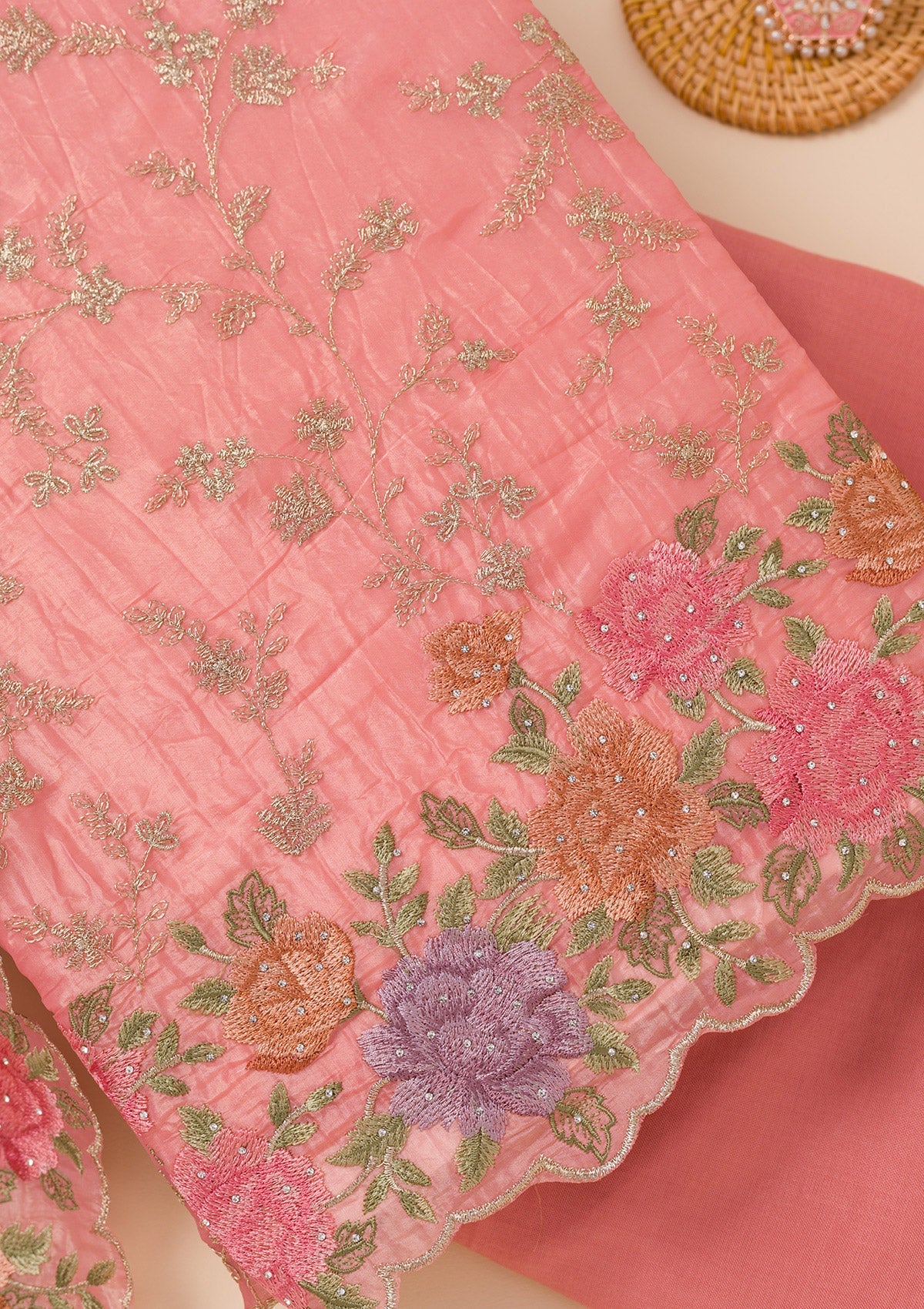 Peach Zariwork Semi Crepe Unstitched Salwar Suit