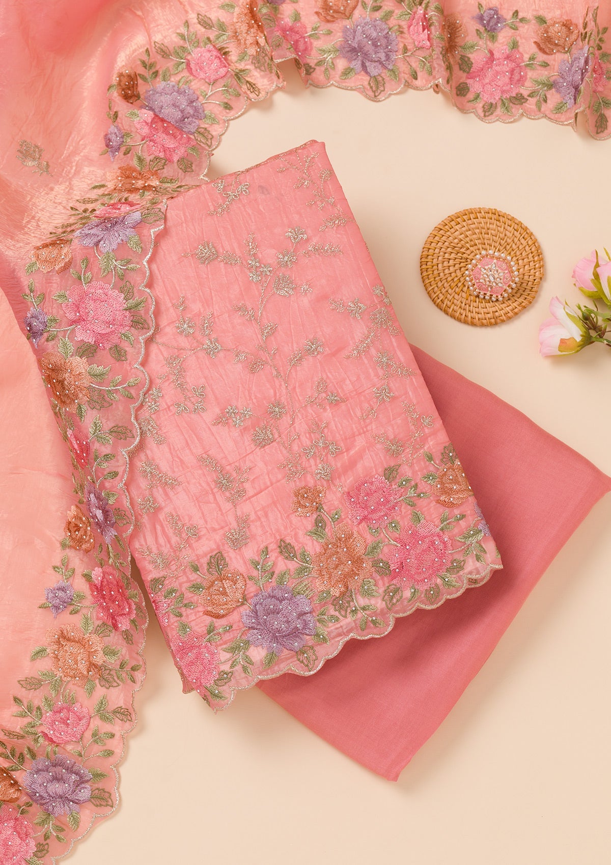 Peach Zariwork Semi Crepe Unstitched Salwar Suit