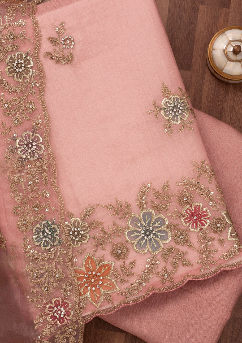 Peach Zariwork Semi Crepe Unstitched Salwar Suit