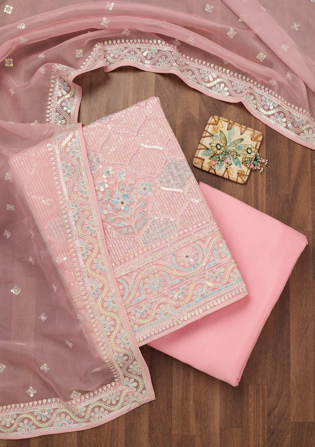 Peach Zariwork Semi Crepe Unstitched Salwar Suit