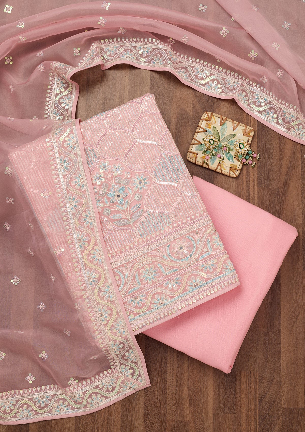 Peach Zariwork Semi Crepe Unstitched Salwar Suit