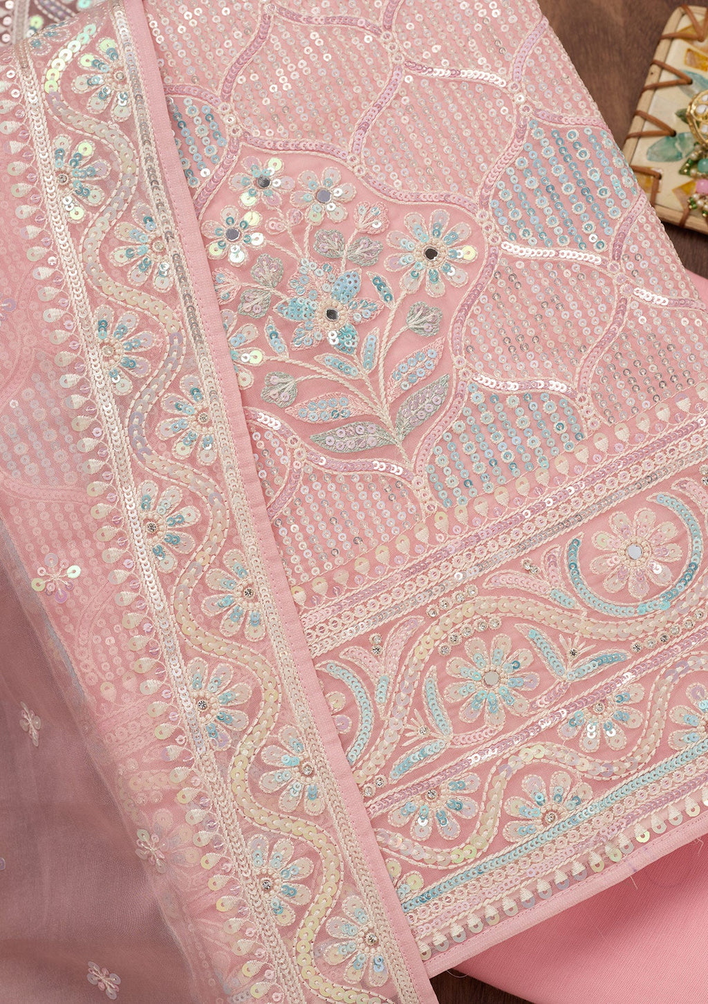 Peach Zariwork Semi Crepe Unstitched Salwar Suit