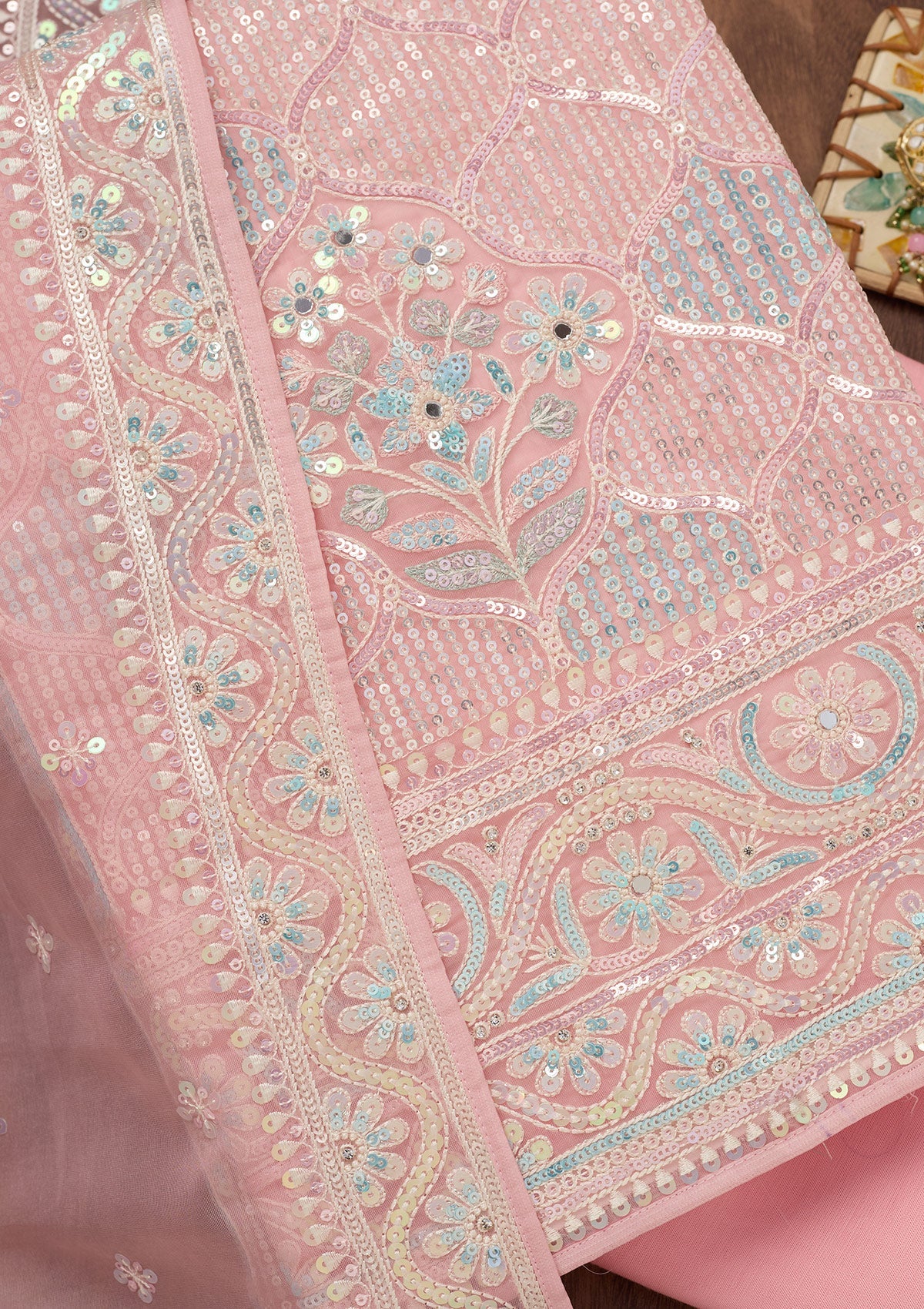 Peach Zariwork Semi Crepe Unstitched Salwar Suit