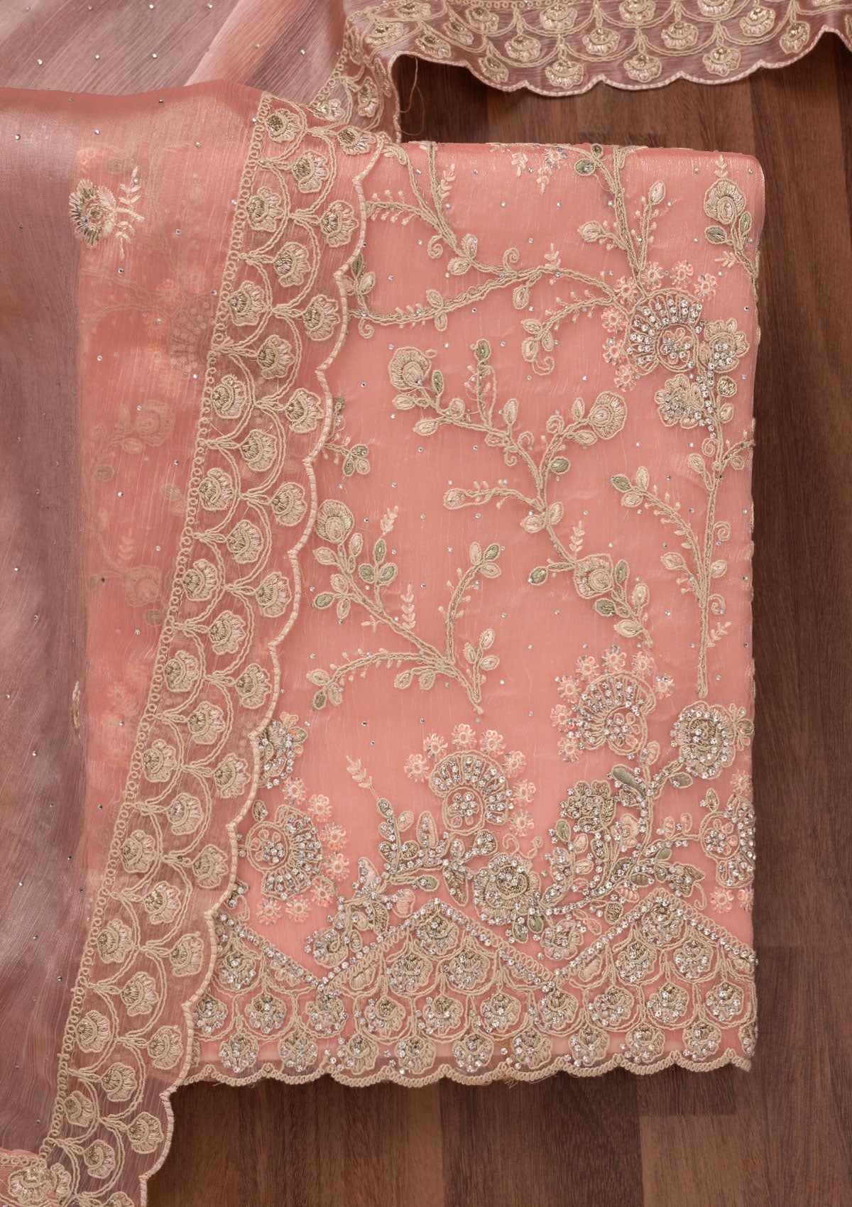 Peach Zariwork Semi Crepe Unstitched Salwar Suit