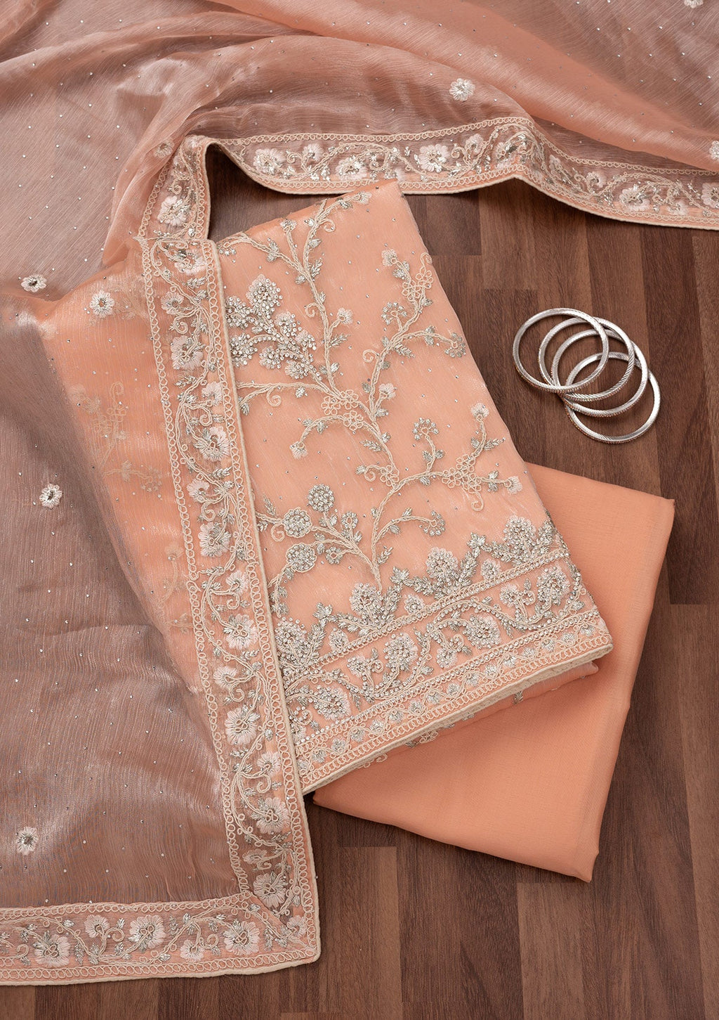 Peach Zariwork Semi Crepe Unstitched Salwar Suit
