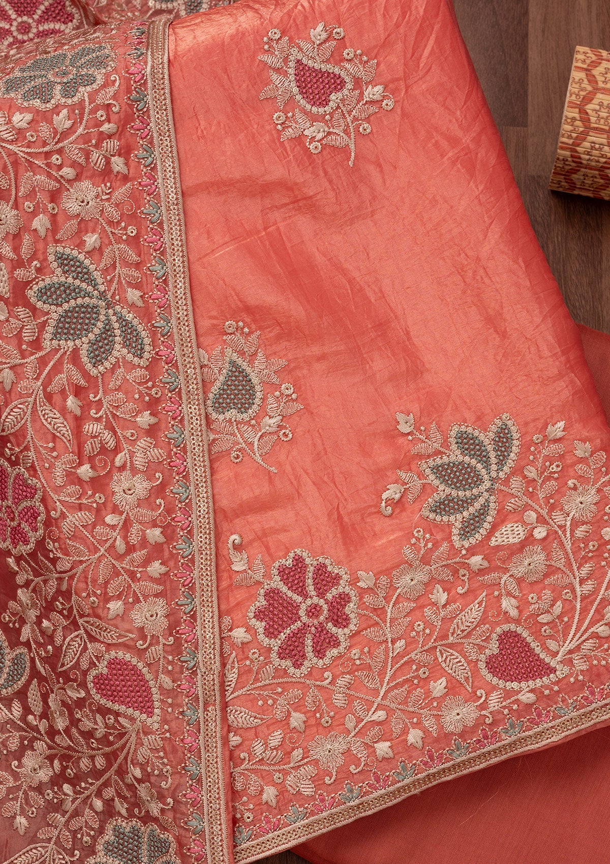 Peach Zariwork Semi Crepe Unstitched Salwar Suit