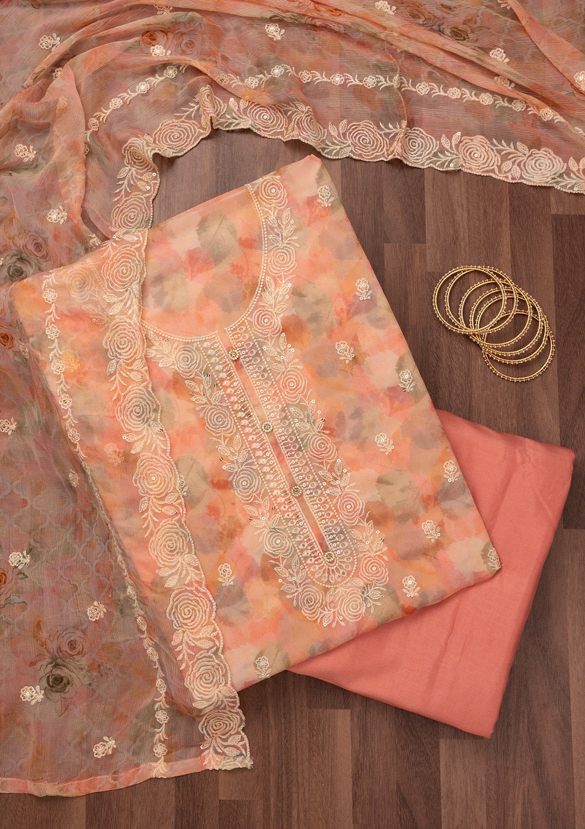 Peach Zariwork Semi Crepe Unstitched Salwar Suit