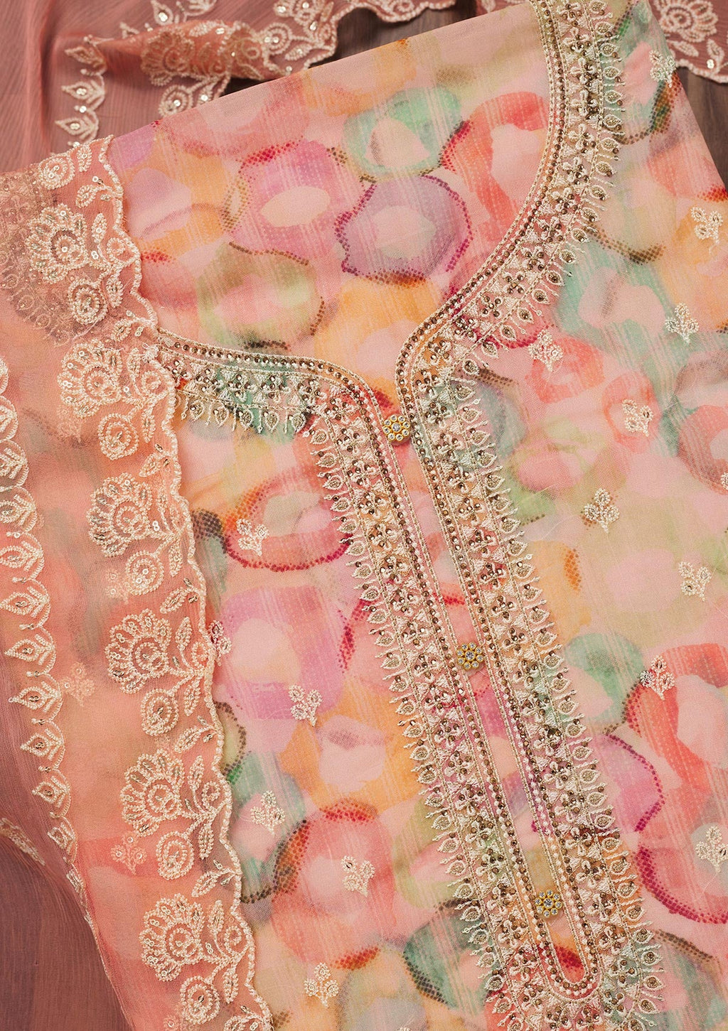 Peach Zariwork Semi Crepe Unstitched Salwar Suit