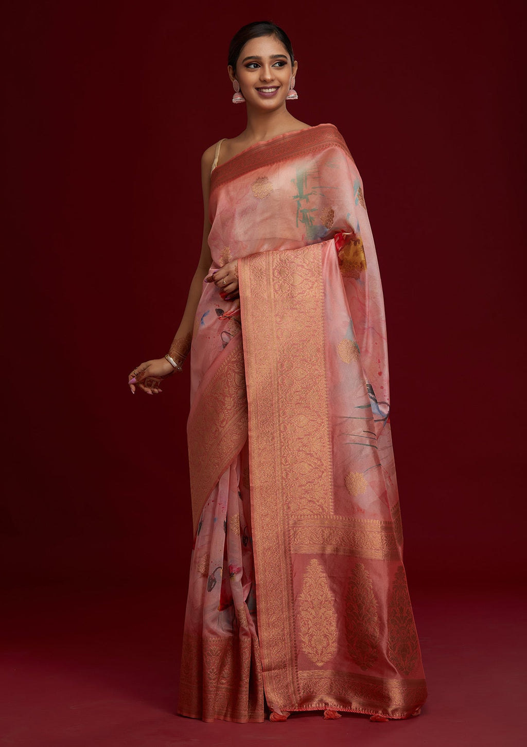 Peach Zariwork Taffeta Silk Saree