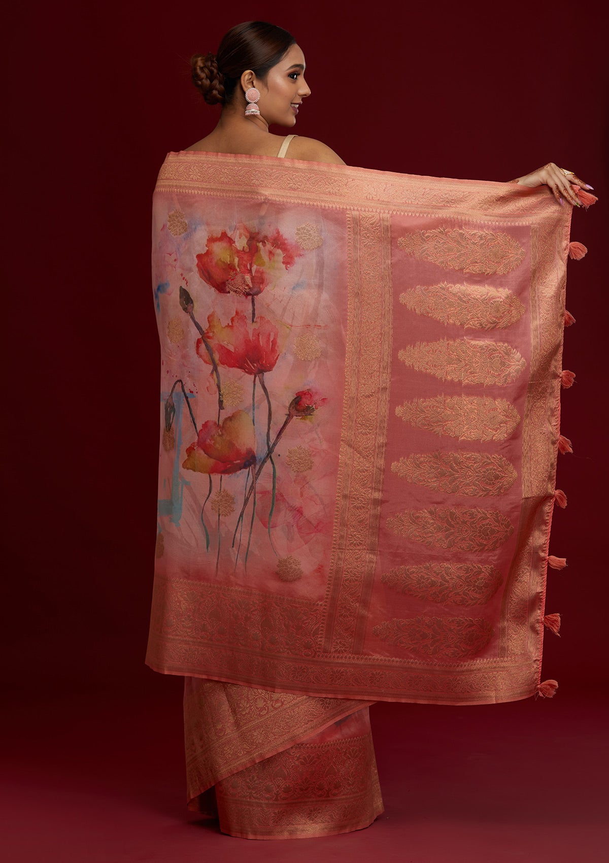 Peach Zariwork Taffeta Silk Saree