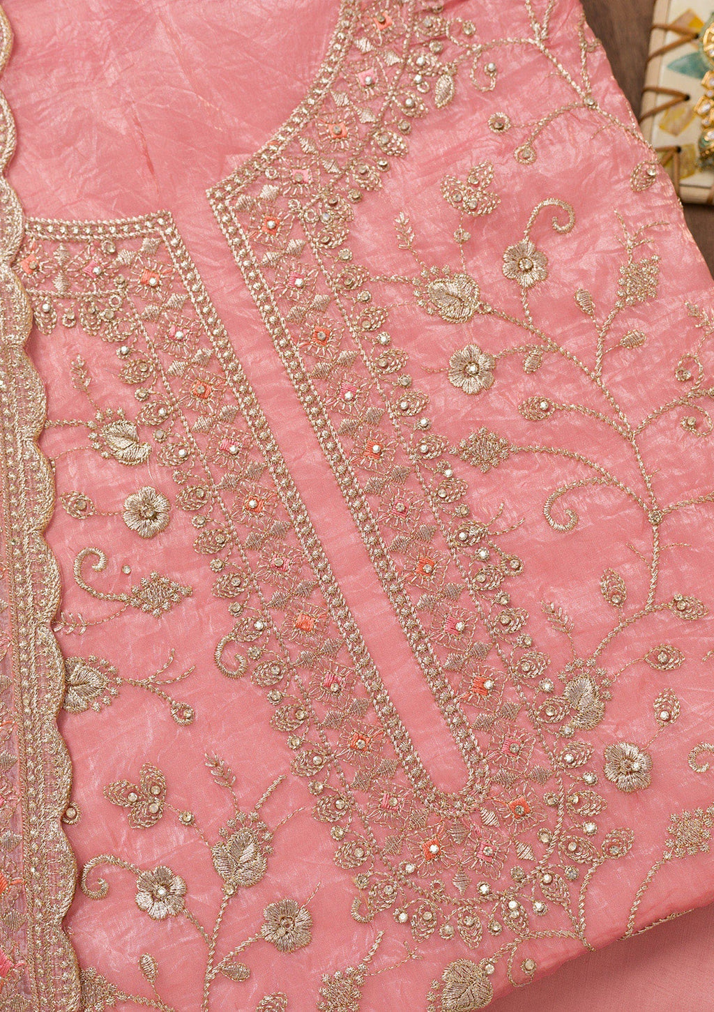 Peach Zariwork Tissue Unstitched Salwar Suit