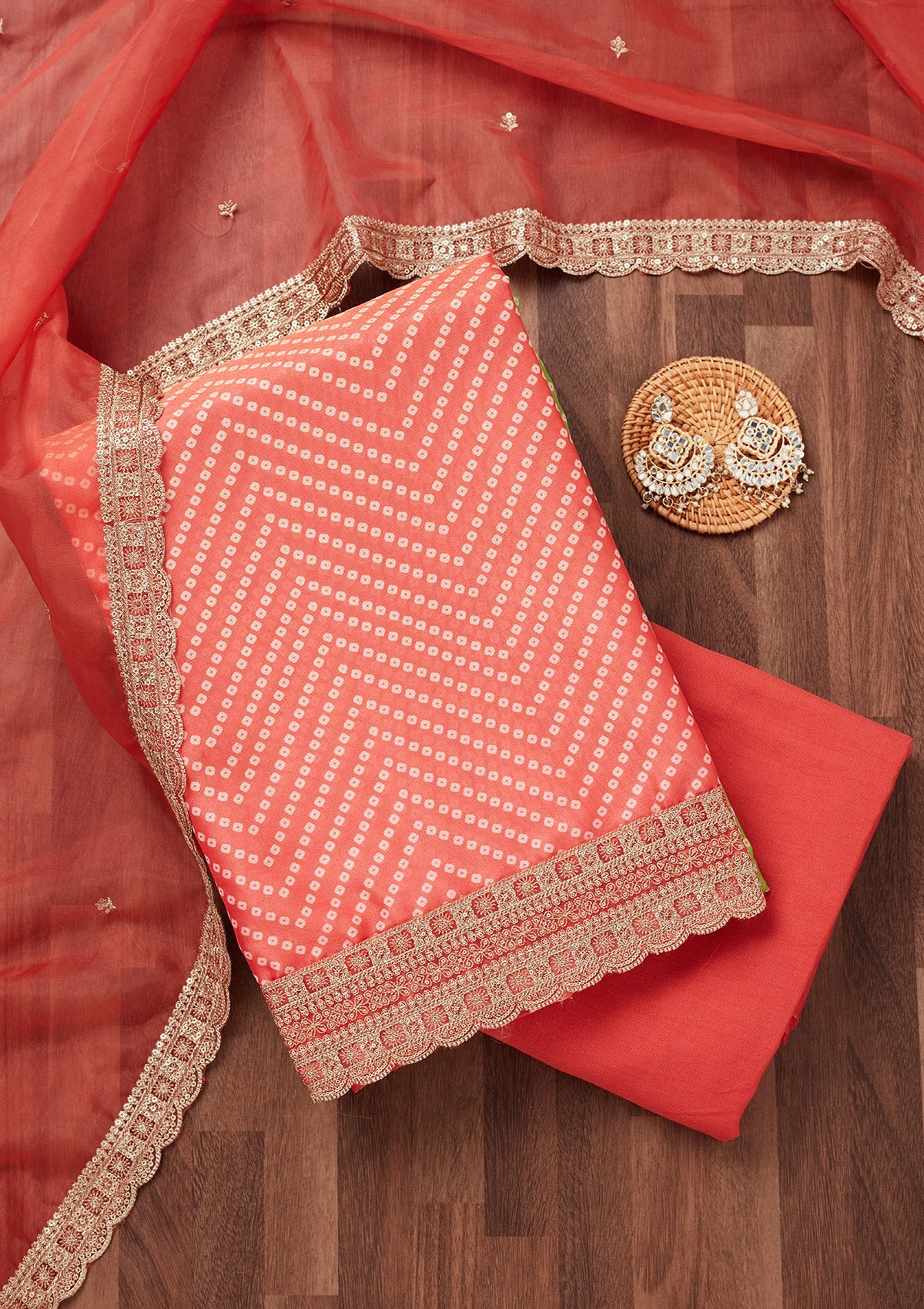 Peach and Parrot Green Zariwork Tissue Unstitched Salwar Suit