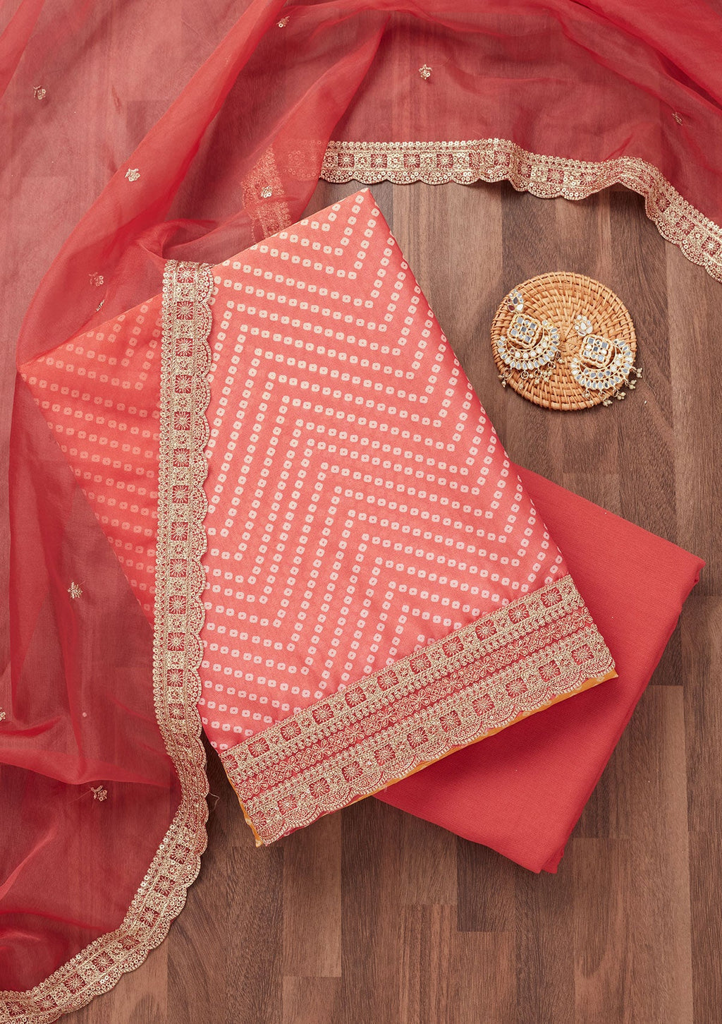 Peach and Yellow Zariwork Tissue Unstitched Salwar Suit