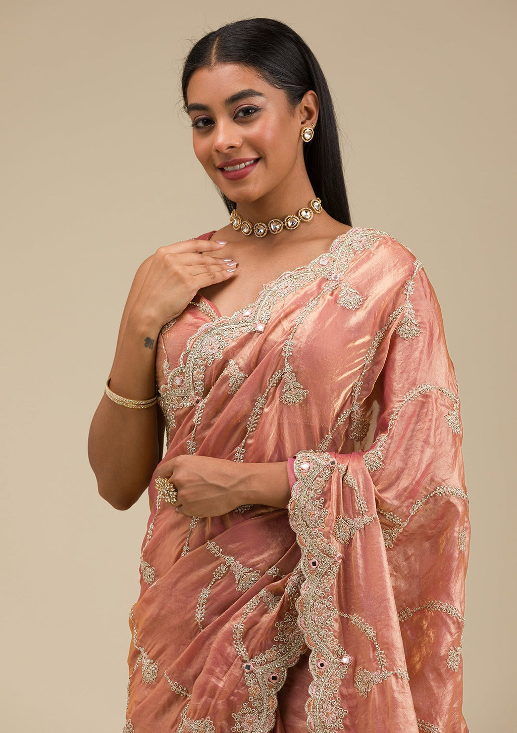 Peach Zariwork Tissue Saree