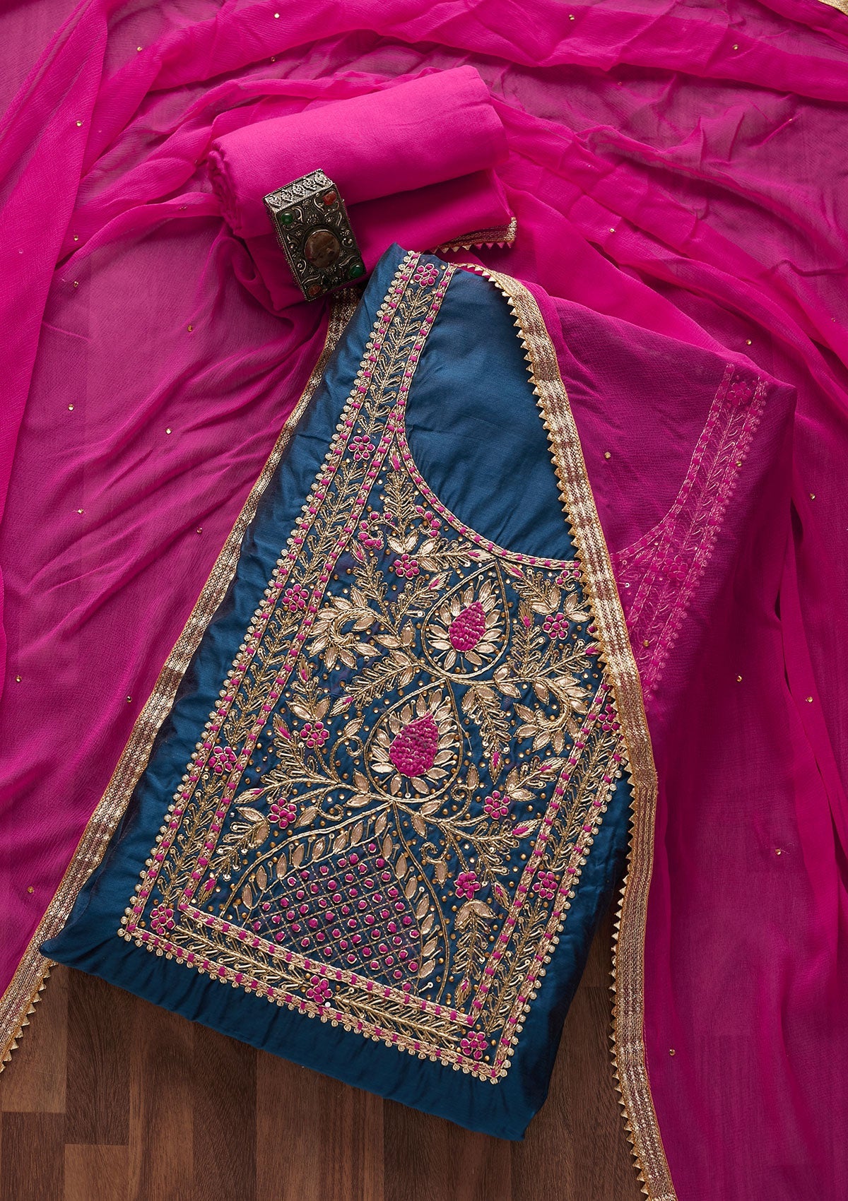Peacock Blue Gotapatti Raw Silk Unstitched Salwar Suit