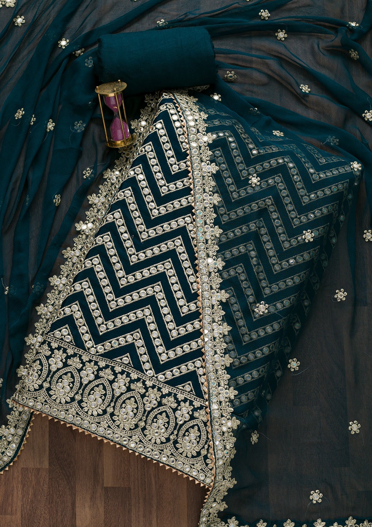 Peacock Blue Mirrorwork Semi Crepe Unstitched Salwar Suit