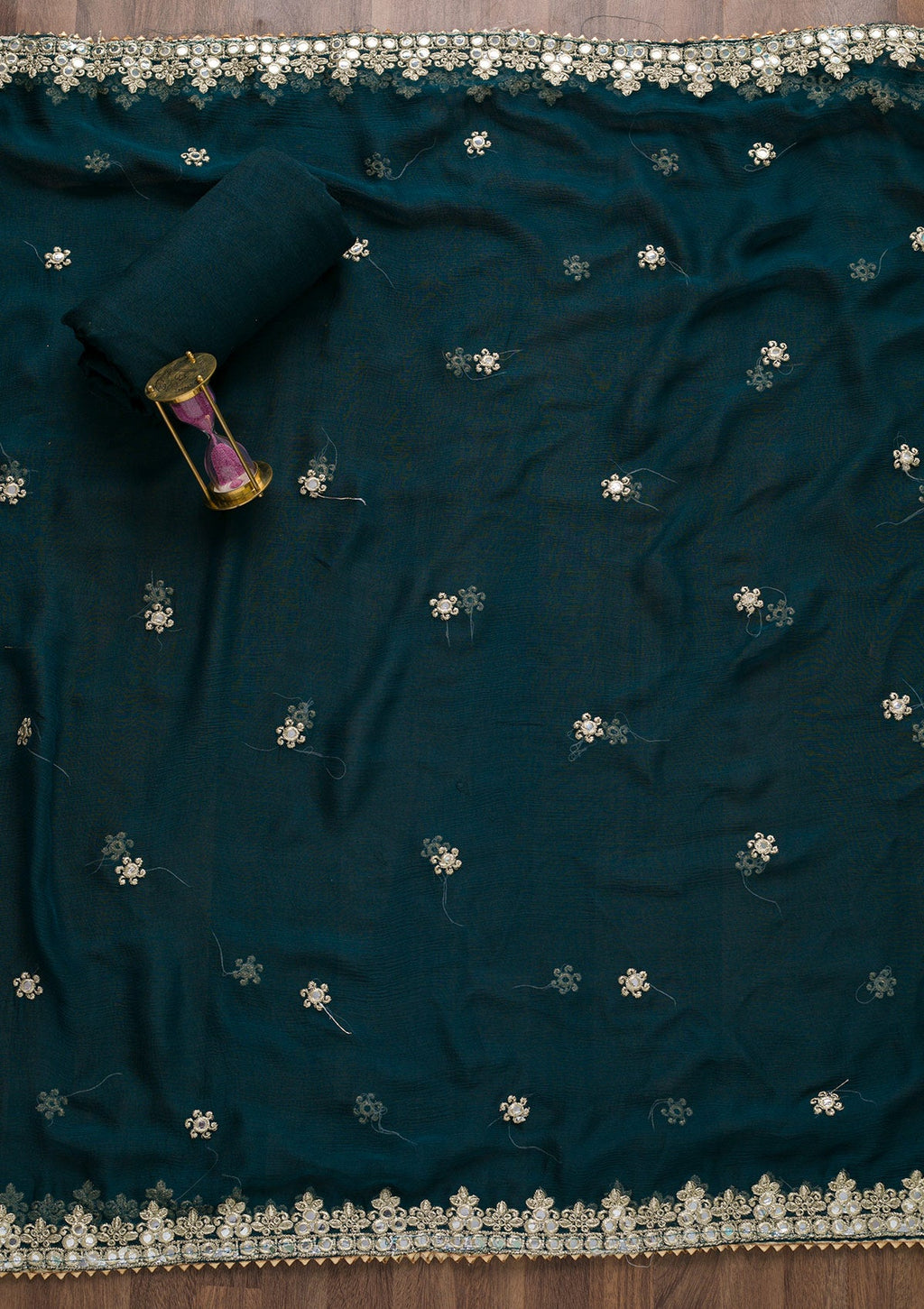 Peacock Blue Mirrorwork Semi Crepe Unstitched Salwar Suit