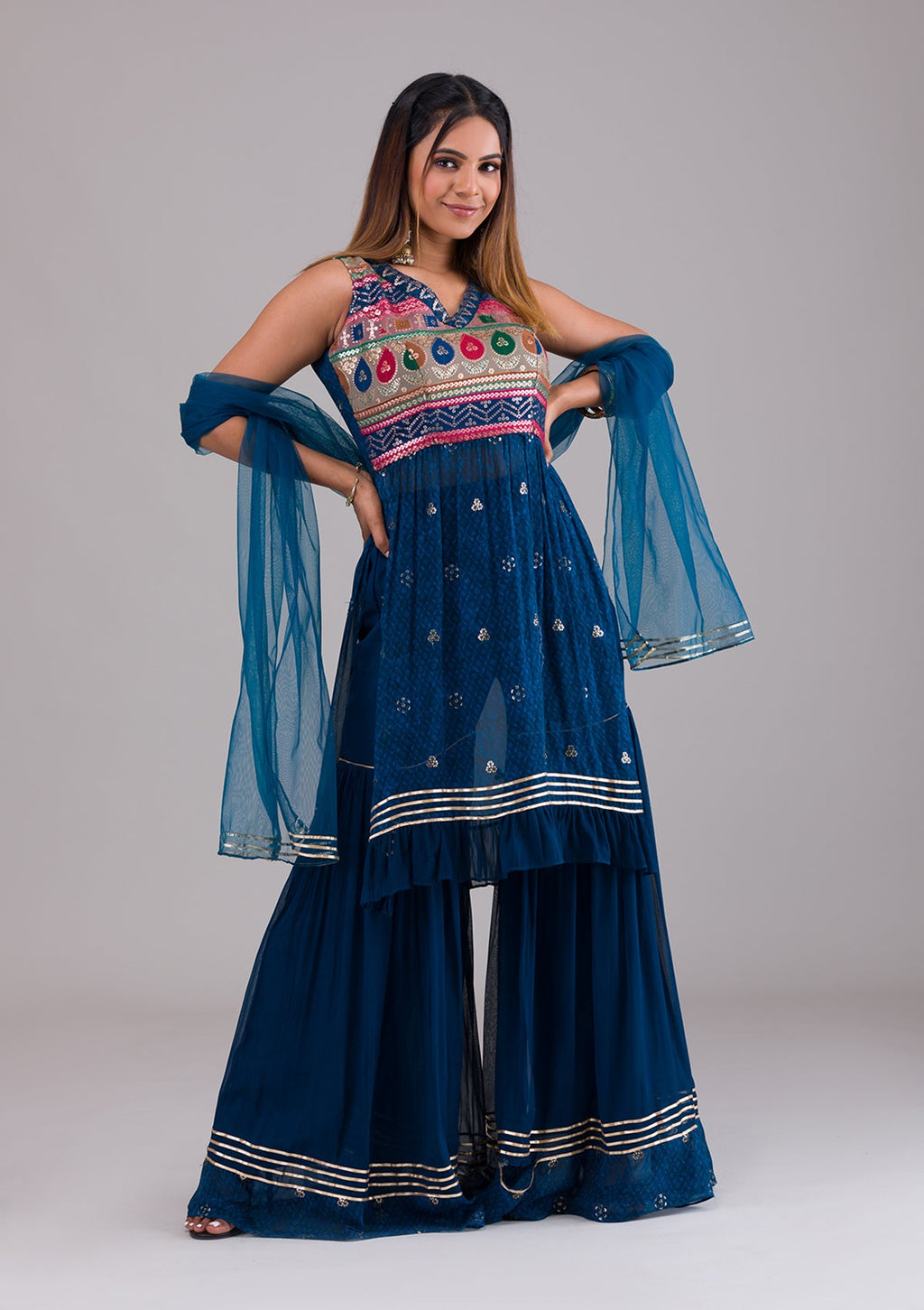 Peacock Blue Sequins Georgette Salwar Suit