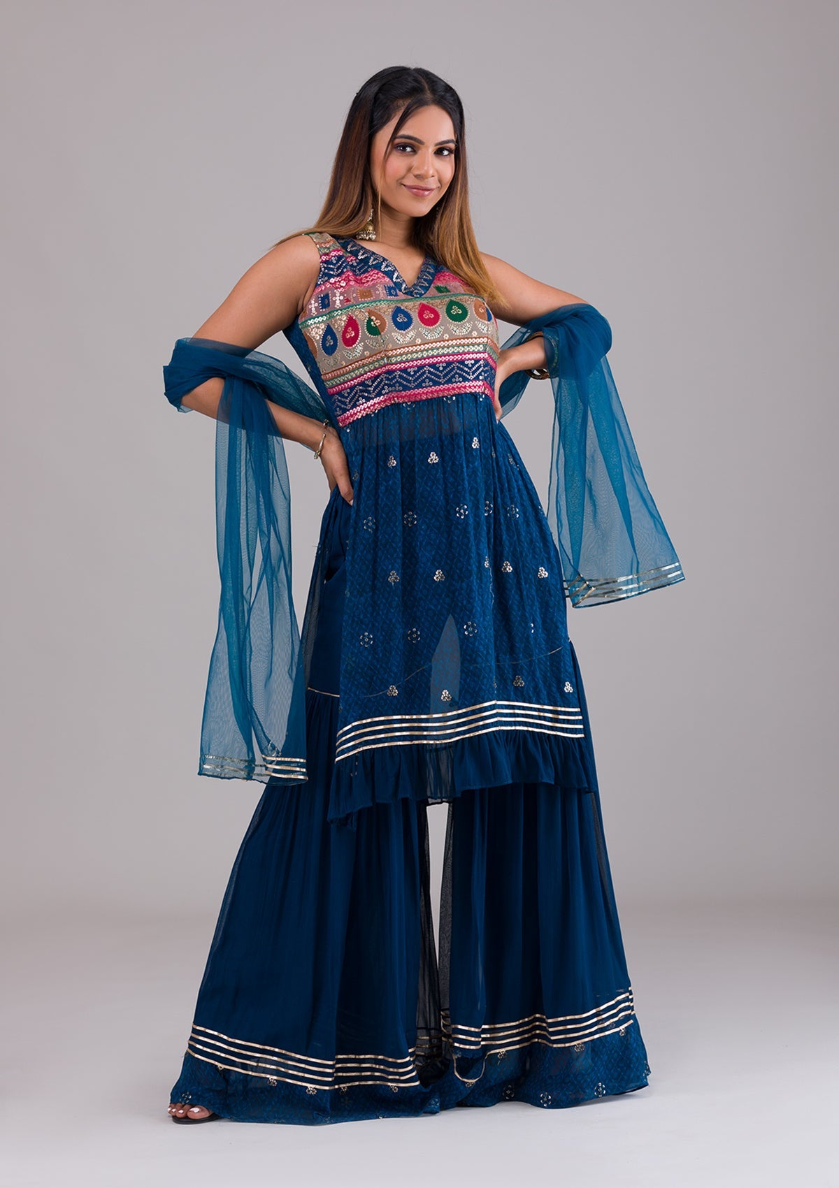 Peacock Blue Sequins Georgette Salwar Suit
