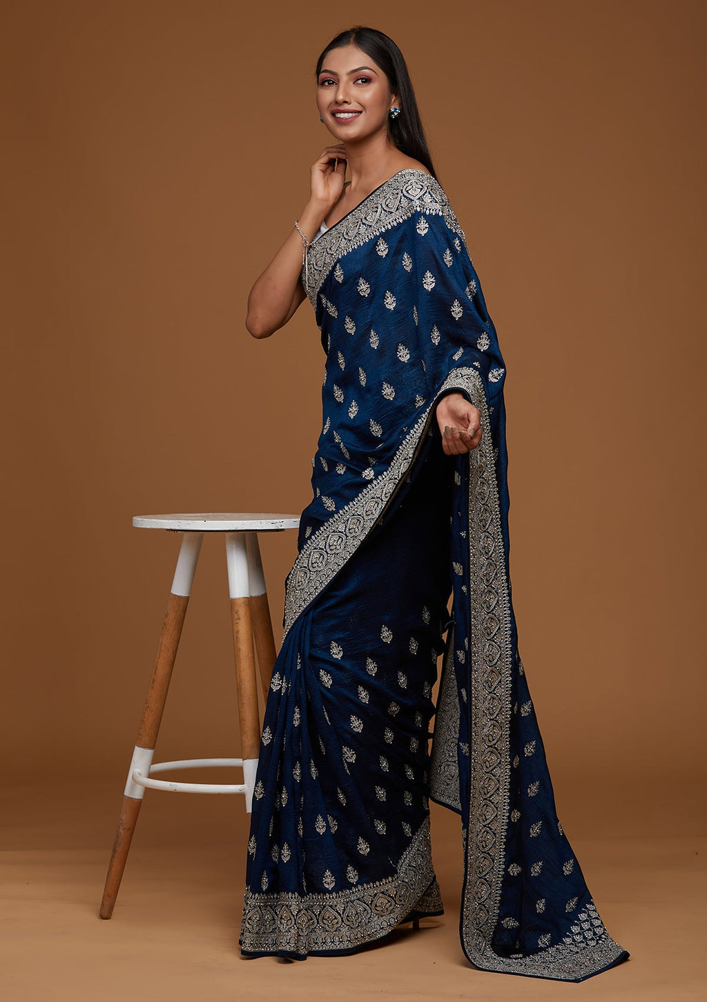 Peacock Blue Stone Work Raw Silk Designer Saree