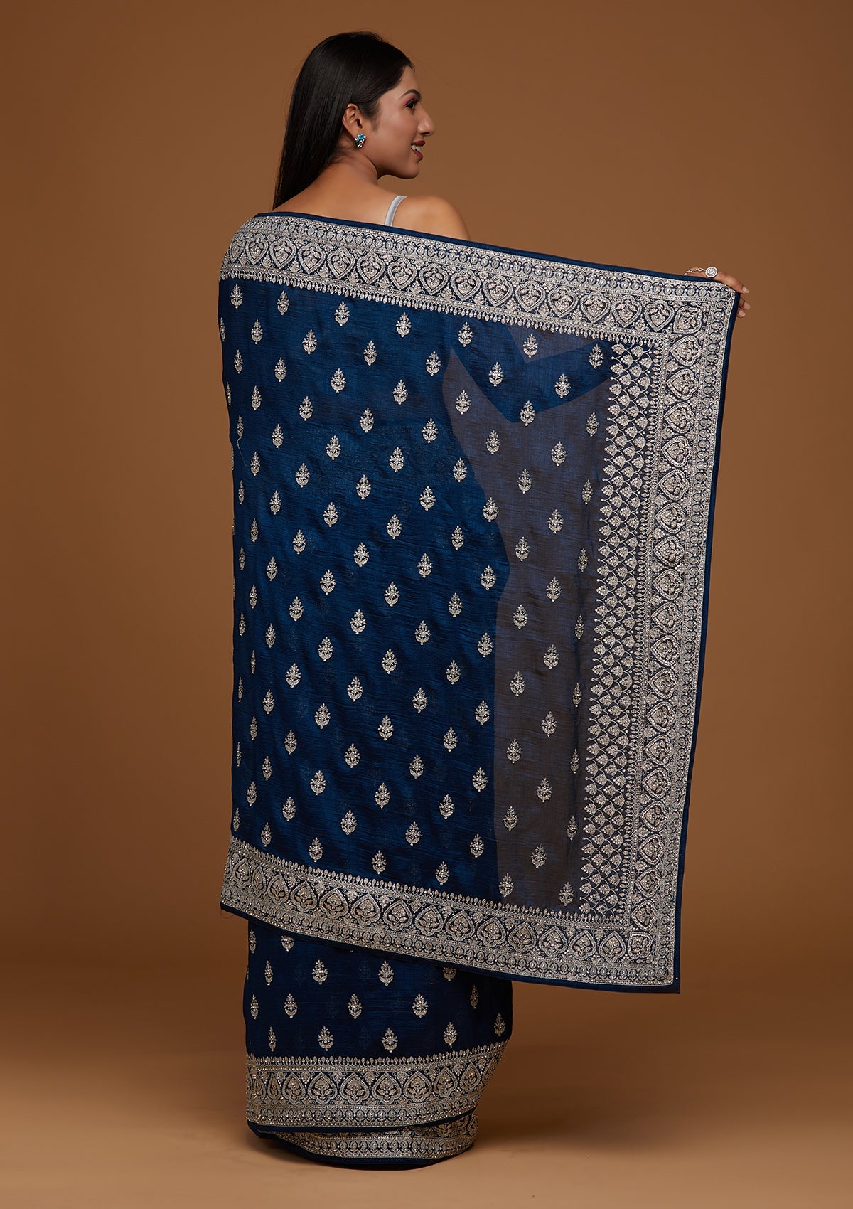 Peacock Blue Stone Work Raw Silk Designer Saree