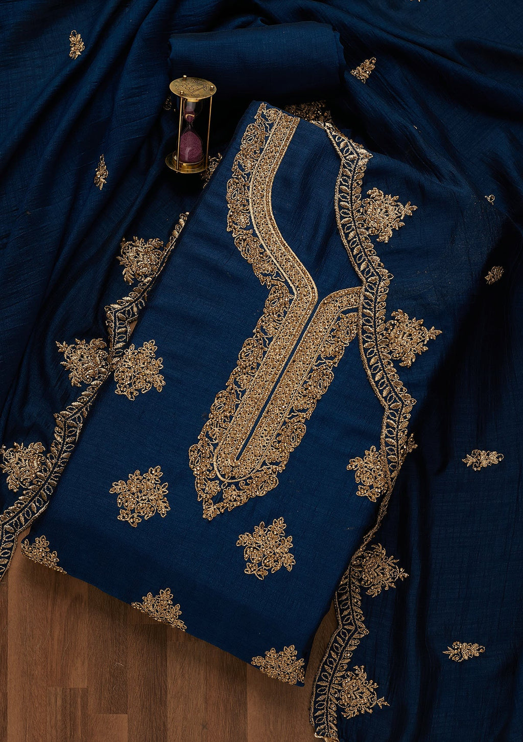 Peacock Blue Stonework Art Silk Unstitched Salwar Suit