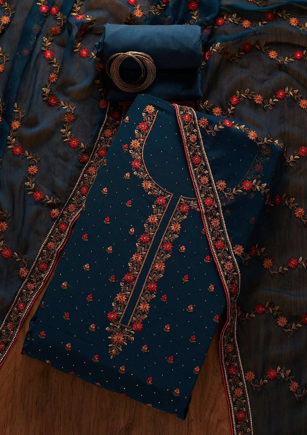 Peacock Blue Threadwork Georgette Unstitched Salwar Suit