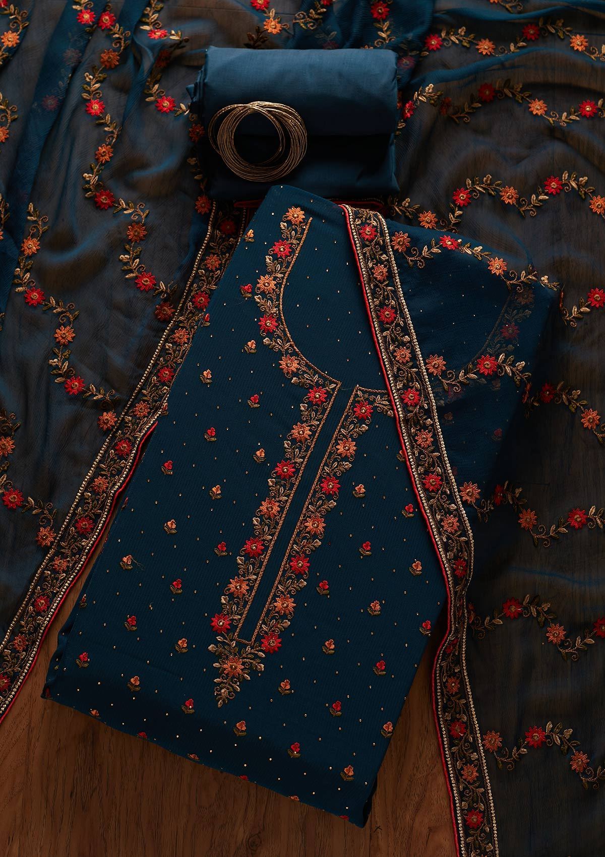 Peacock Blue Threadwork Georgette Unstitched Salwar Suit