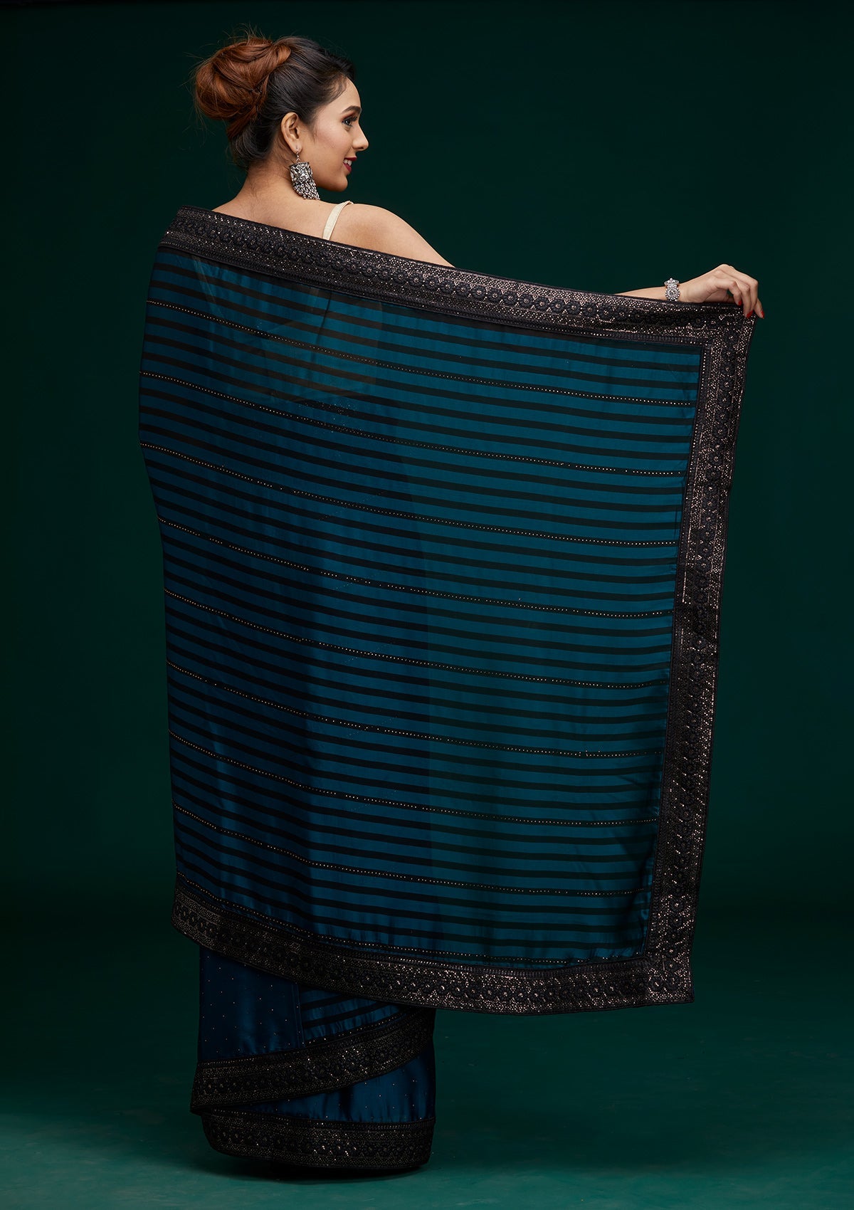 Peacock Blue Swarovski Georgette Designer Saree