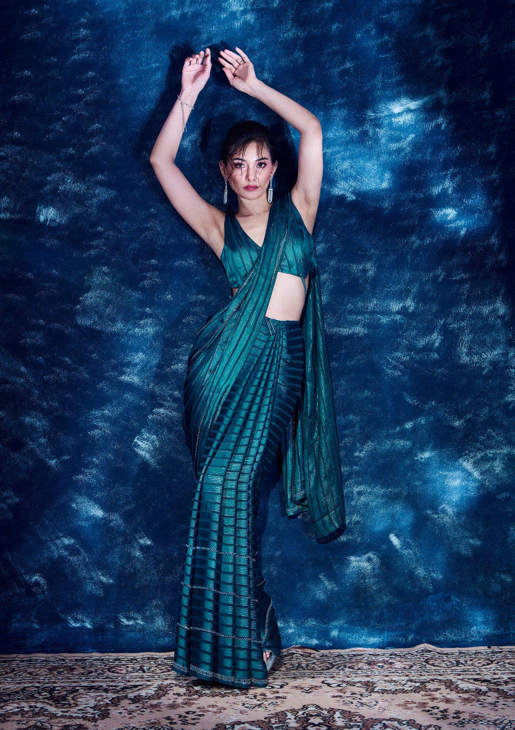 Peacock Blue Swarovski Georgette Designer Saree