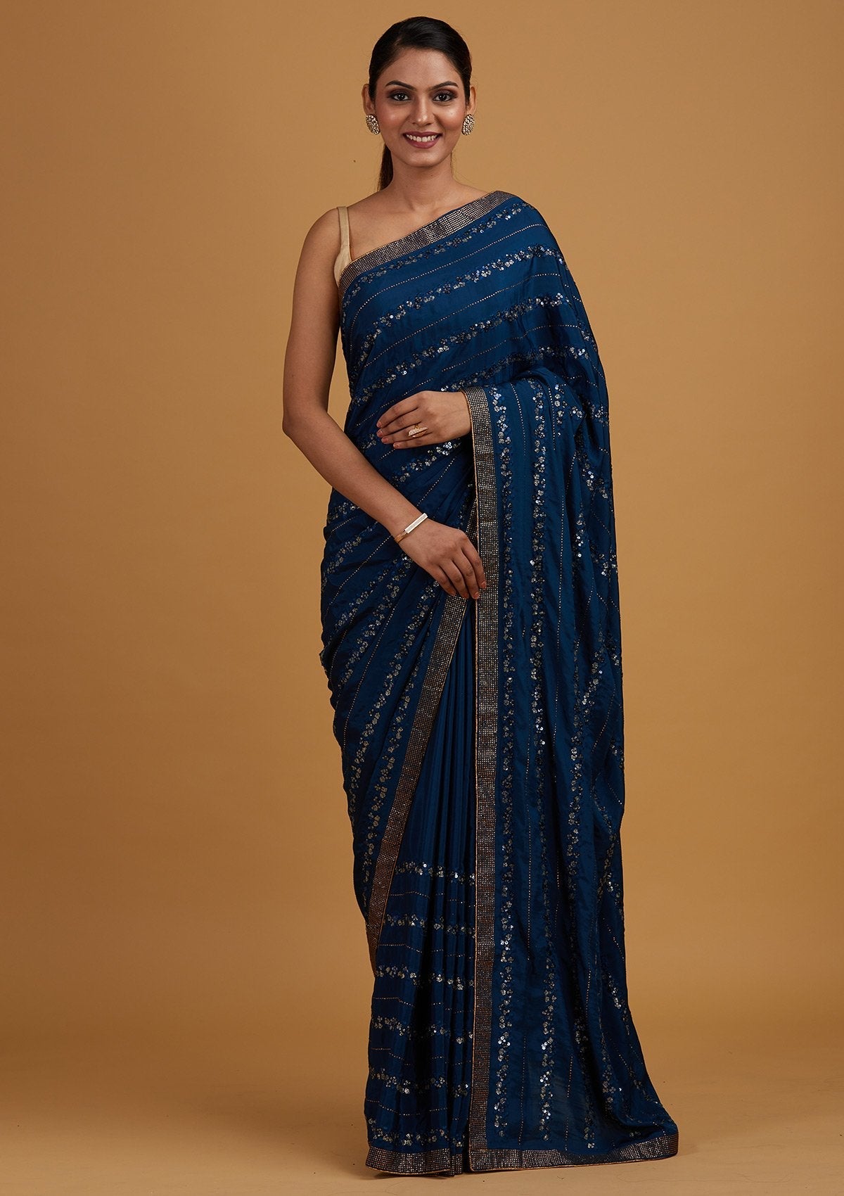 Peacock Blue Swarovski Semi Crepe Designer Saree