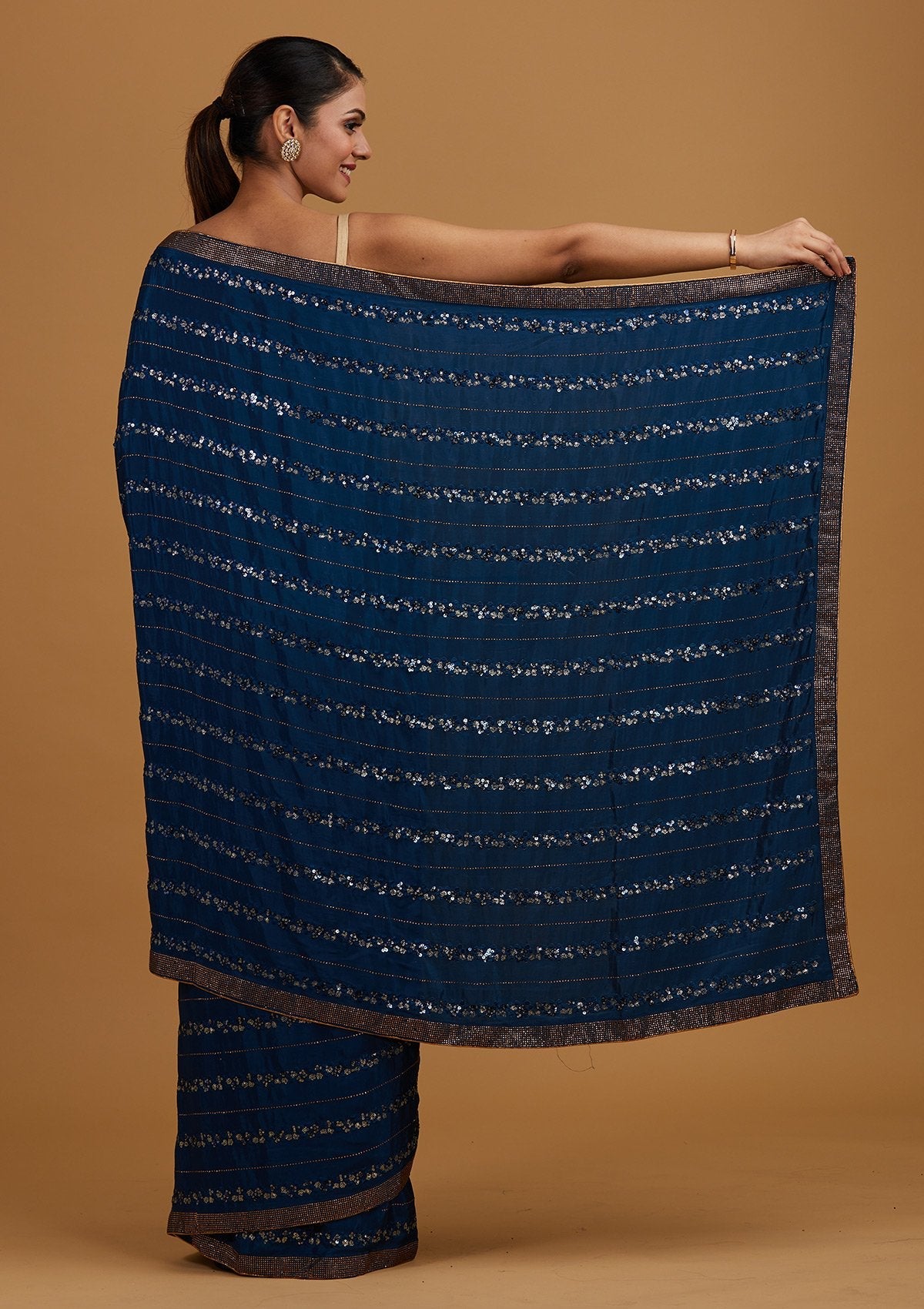 Peacock Blue Swarovski Semi Crepe Designer Saree
