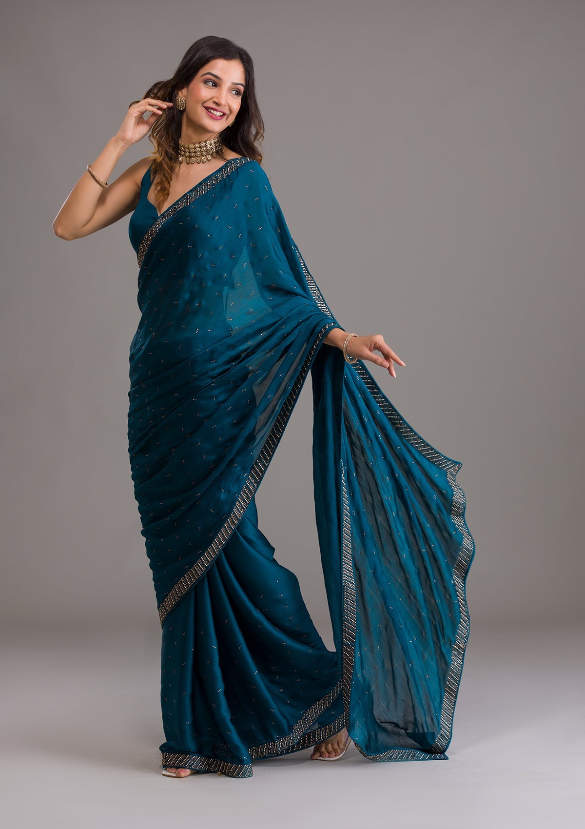Peacock Blue Swarovski Semi Crepe Designer Saree