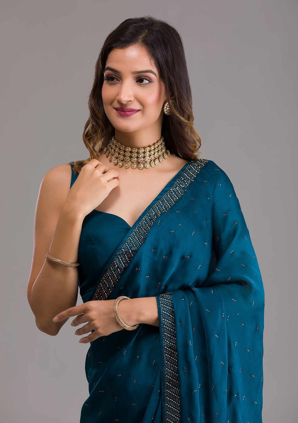 Peacock Blue Swarovski Semi Crepe Designer Saree