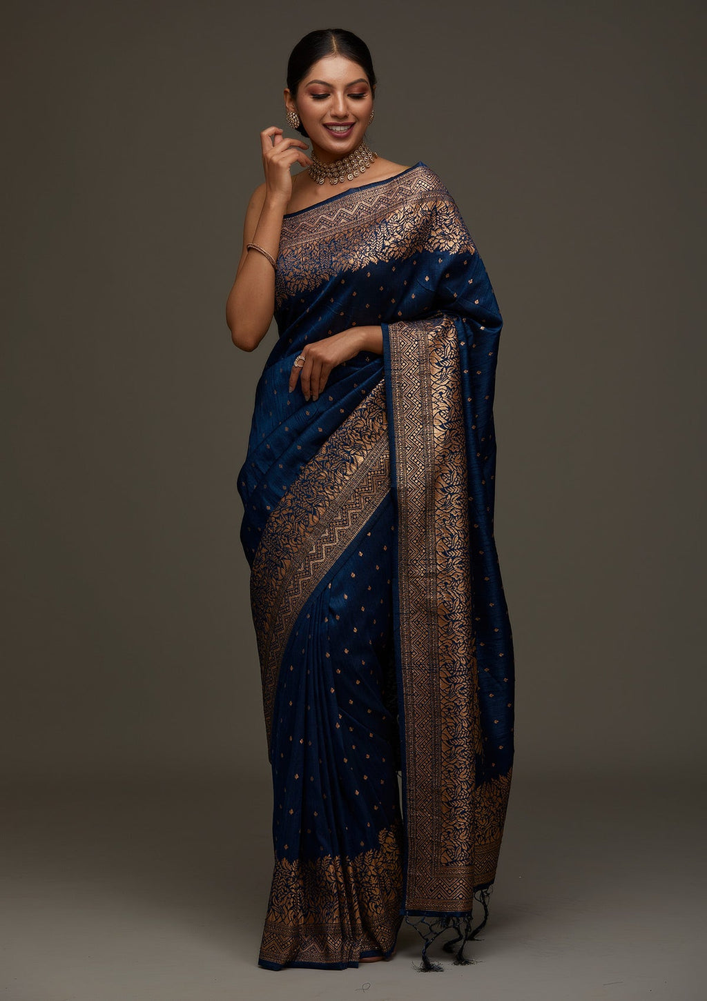 Peacock Blue Zari Work Raw Silk Saree
