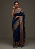 Peacock Blue Zari Work Raw Silk Saree