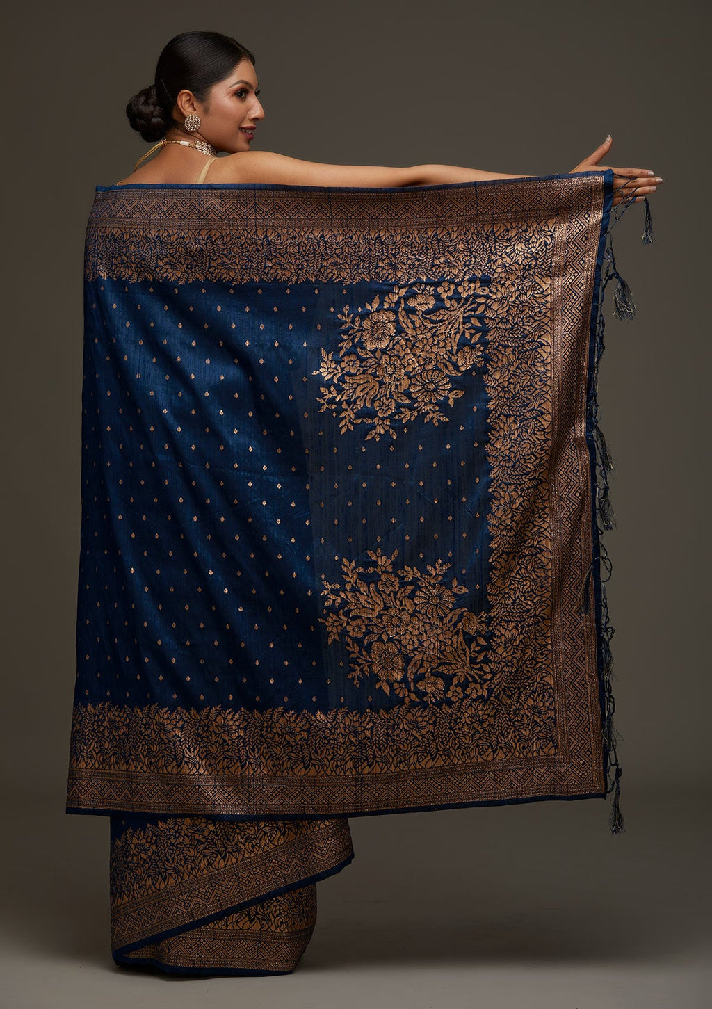 Peacock Blue Zari Work Raw Silk Saree