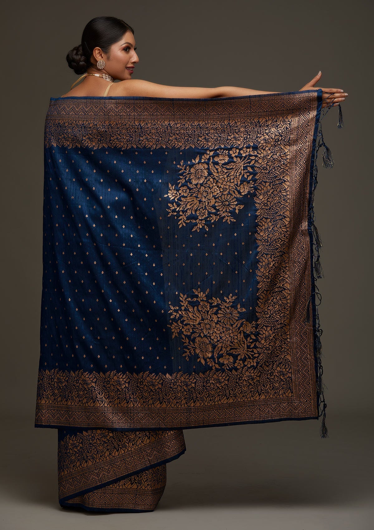 Peacock Blue Zari Work Raw Silk Saree