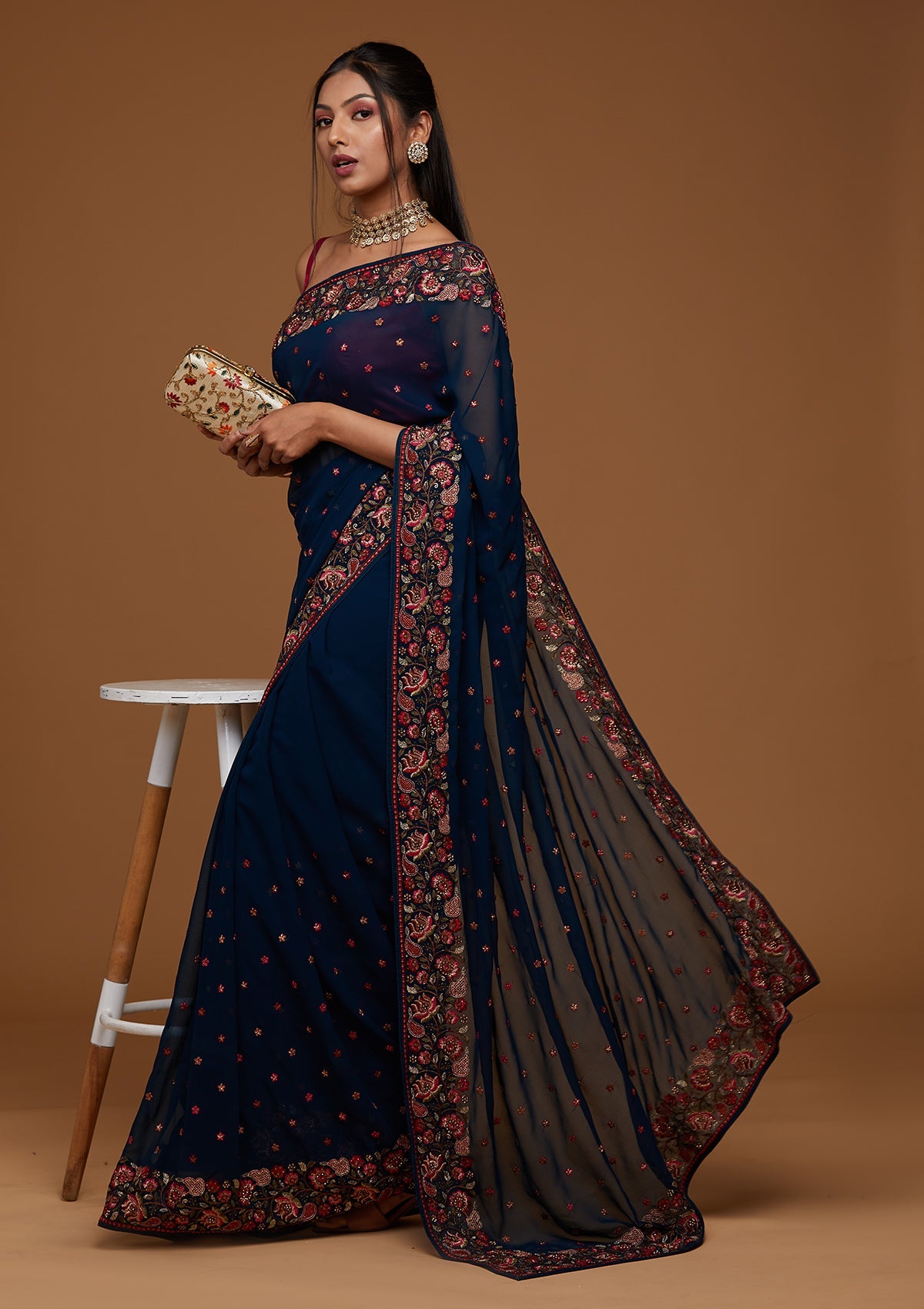 Peacock Blue Threadwork Georgette Designer Saree