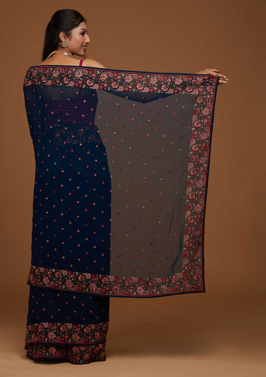 Peacock Blue Threadwork Georgette Designer Saree