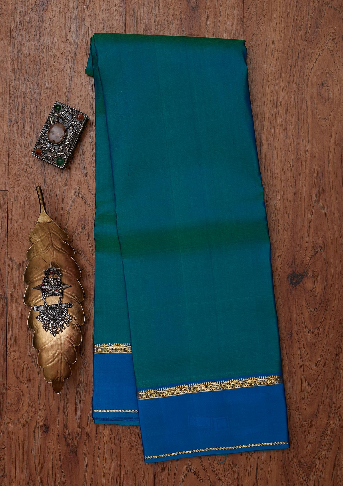 Peacock Blue Zariwork Pure Silk Unstitched Saree