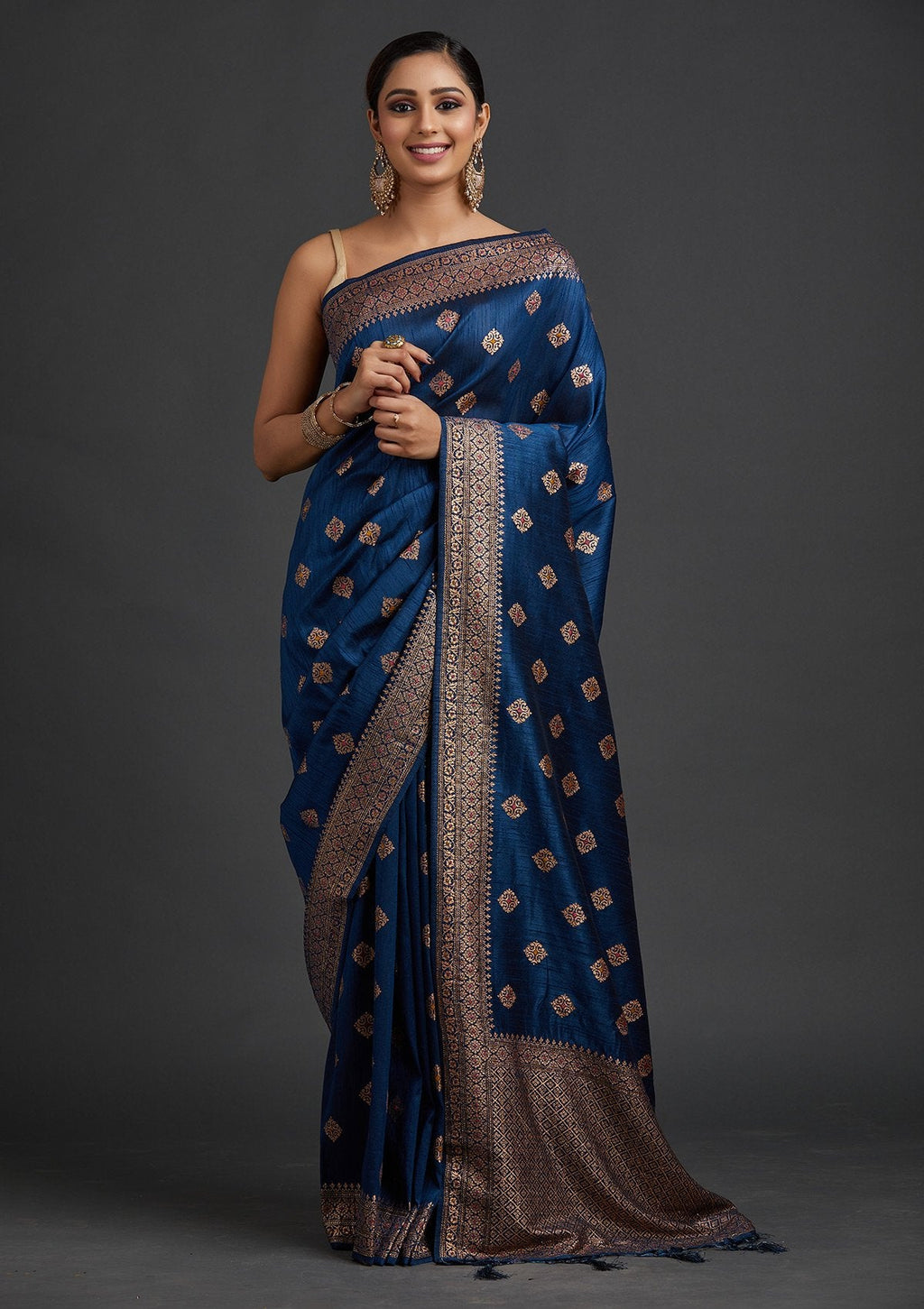 Peacock Blue Zari Work Raw Silk Saree