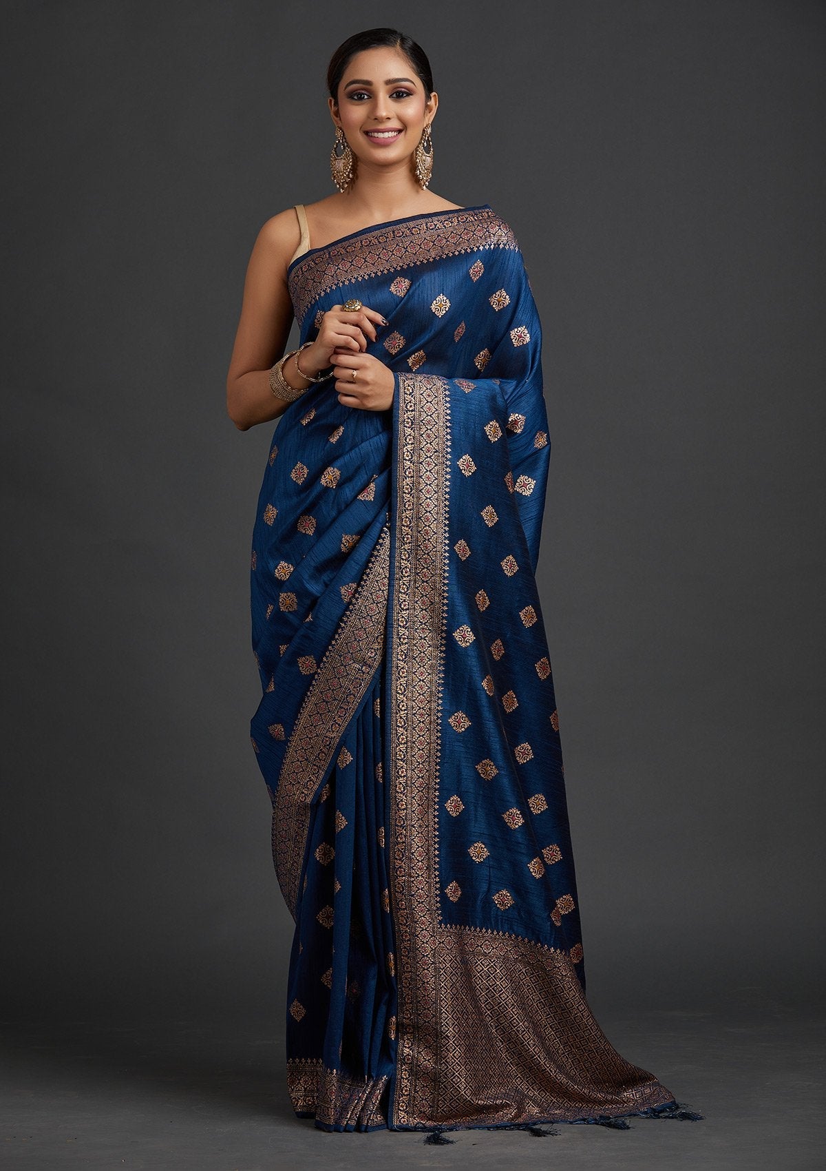 Peacock Blue Zari Work Raw Silk Saree
