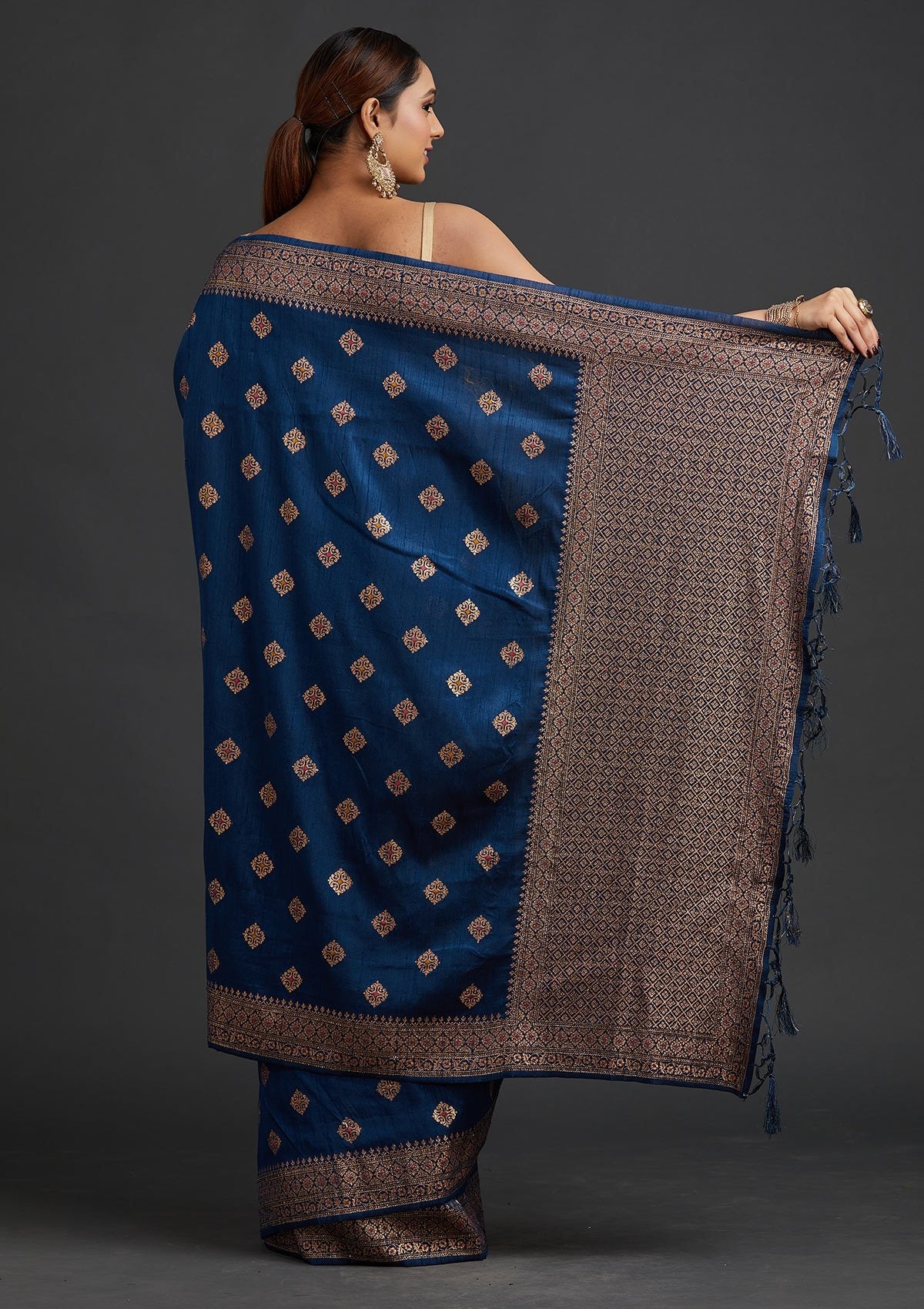 Peacock Blue Zari Work Raw Silk Saree