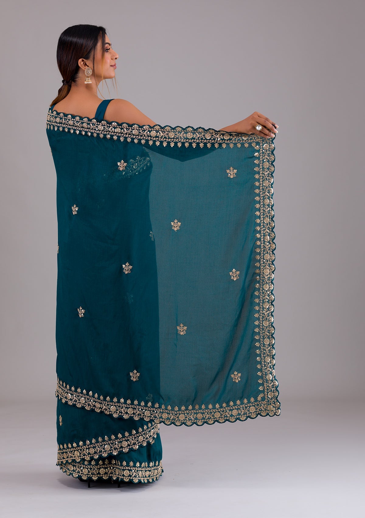 Peacock Blue Zariwork Raw Silk Designer Saree