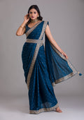 Peacock Blue Zariwork Chiffon Designer Saree