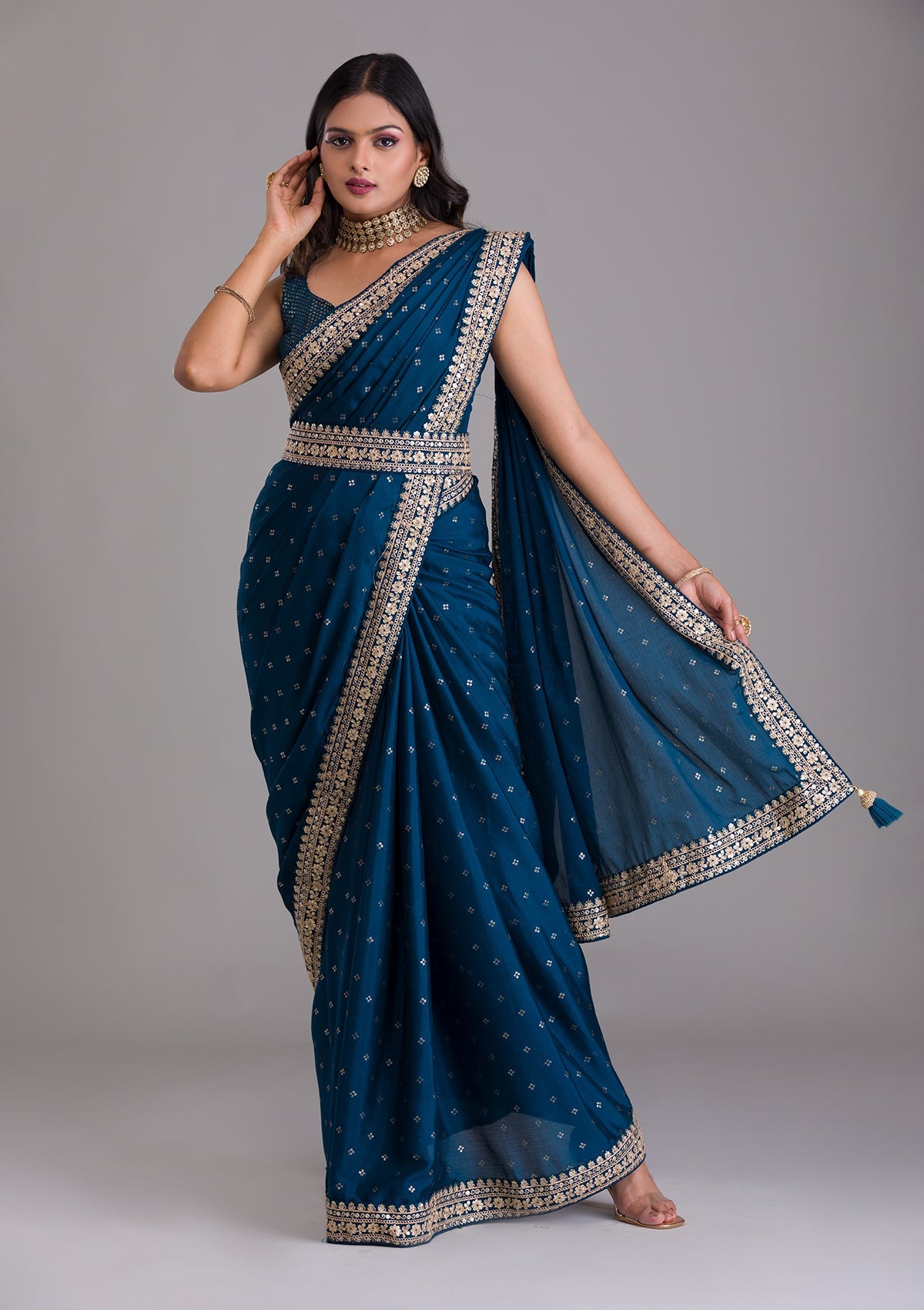Peacock Blue Zariwork Chiffon Designer Saree