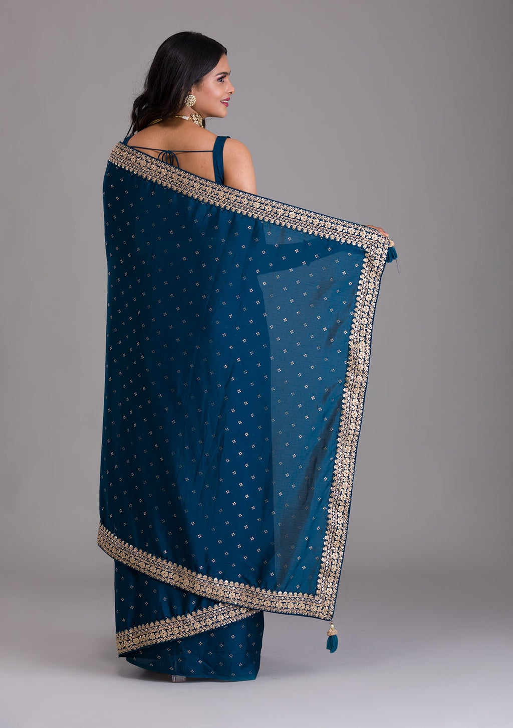 Peacock Blue Zariwork Chiffon Designer Saree