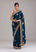 Peacock Blue Zariwork Raw Silk Saree