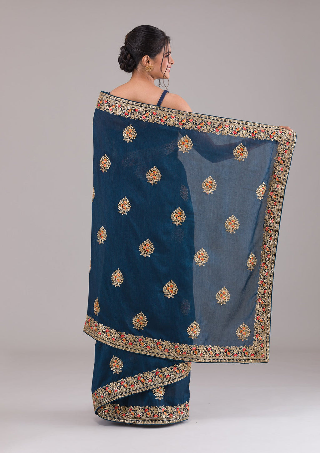Peacock Blue Zariwork Raw Silk Saree